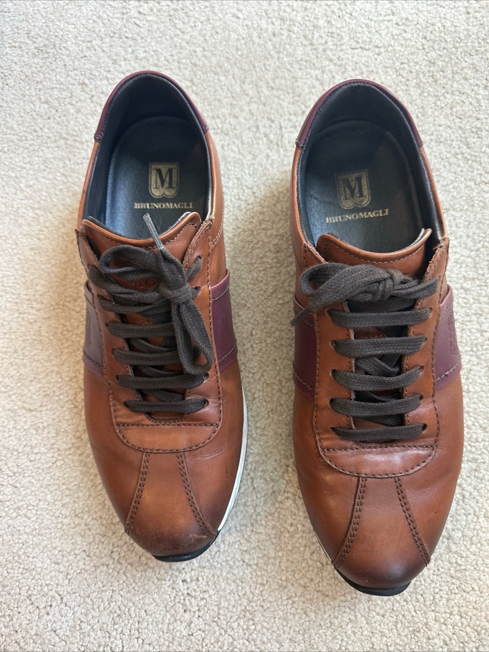Bruno Magli Men's Brown Leather Sneakers with Burgundy Accents - Picture 4 of 9